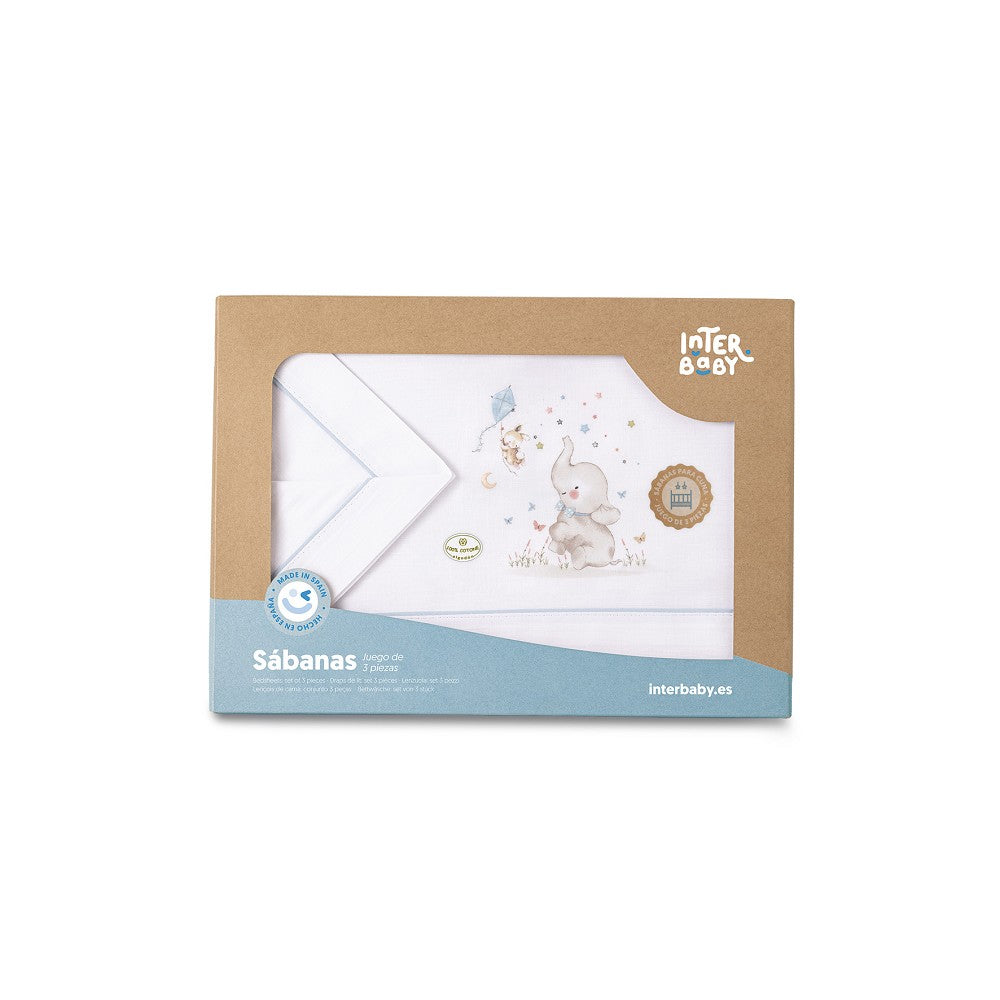 3-teiliges Wiegen-Bettwäsche-Set Elefant (Blau/Weiß) aus Baumwolle