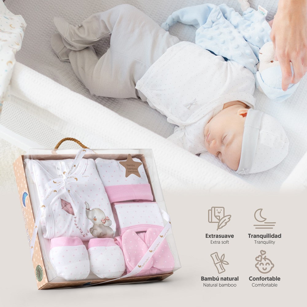 Baby Set 5-teilig für Neugeborene (0–6 Monate) – Baumwolle – Elefante – Rosa