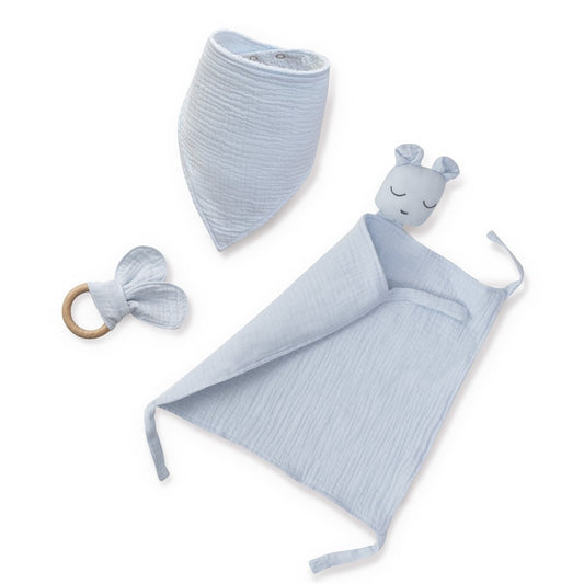 Geschenkset Baby – Doudou, Bandana & Beißring – Blau/Grau