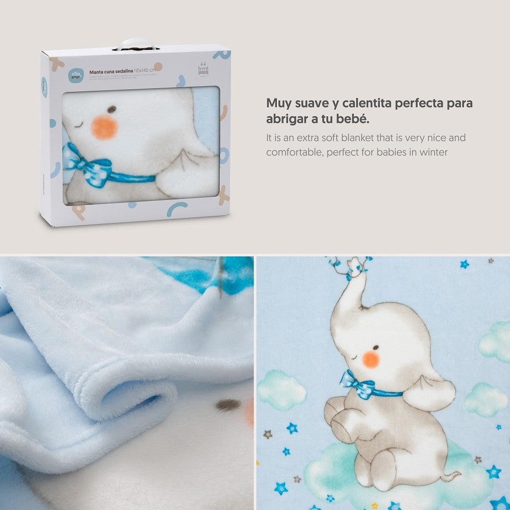 Kinderbettdecke aus Seidenstoff 110 × 140 cm – Elefante Cometa – Blau