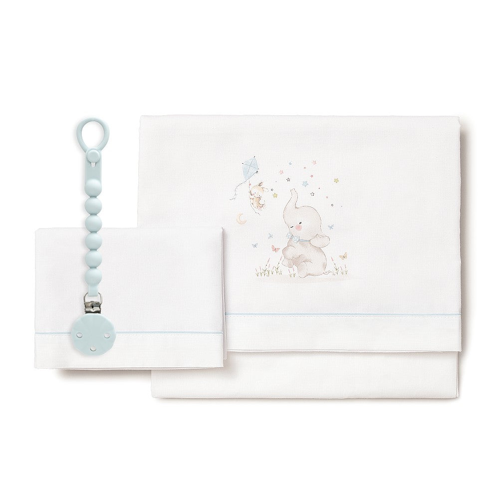 3-teiliges Baby-Bettwäsche-Set 60×120 cm Elefant (Blau/Weiß) aus Baumwolle