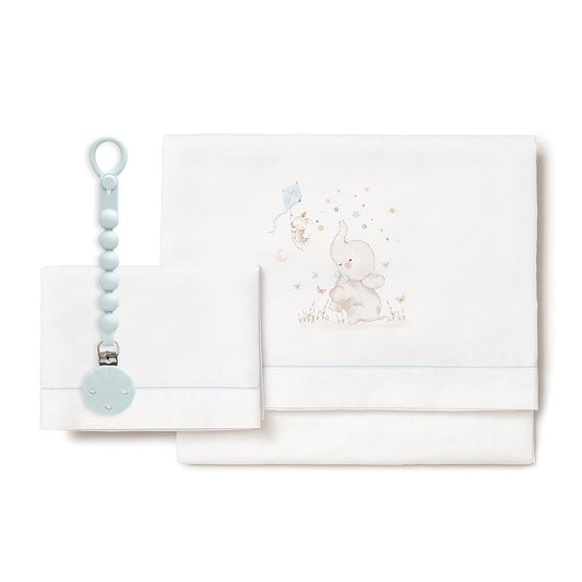 3-teiliges Baby-Bettwäsche-Set 60×120 cm Elefant (Blau/Weiß) aus Baumwolle