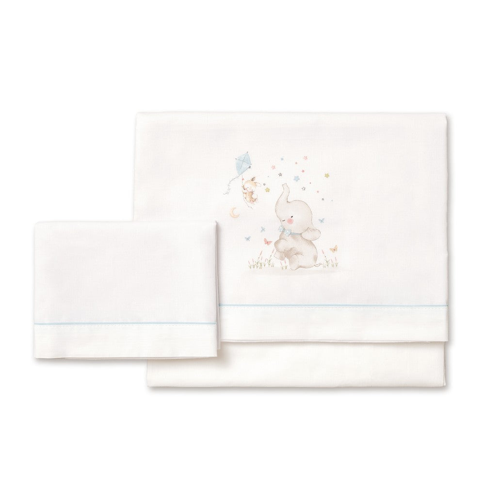 3-teiliges Baby-Bettwäsche-Set 60×120 cm Elefant (Blau/Weiß) aus Baumwolle