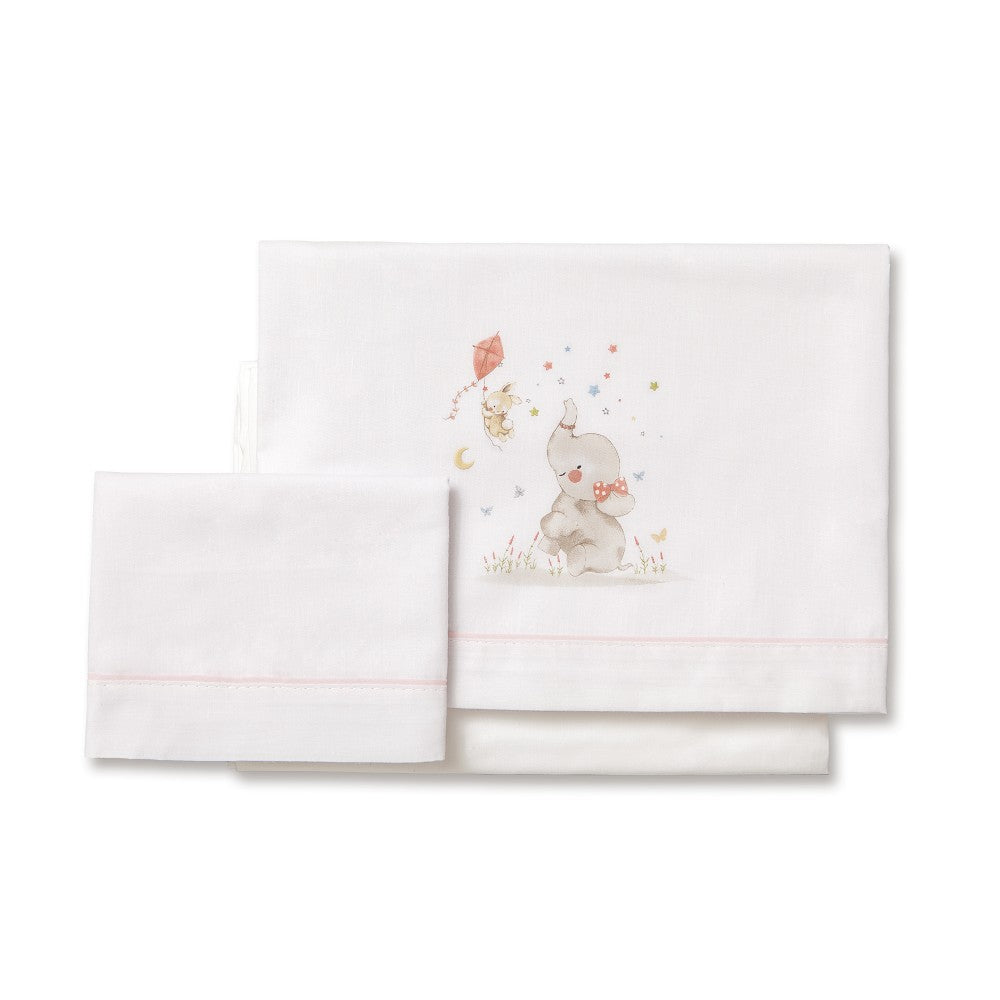 3-teiliges Wiegen-Bettwäsche-Set Elefant (Rosa/Weiß) aus Baumwolle