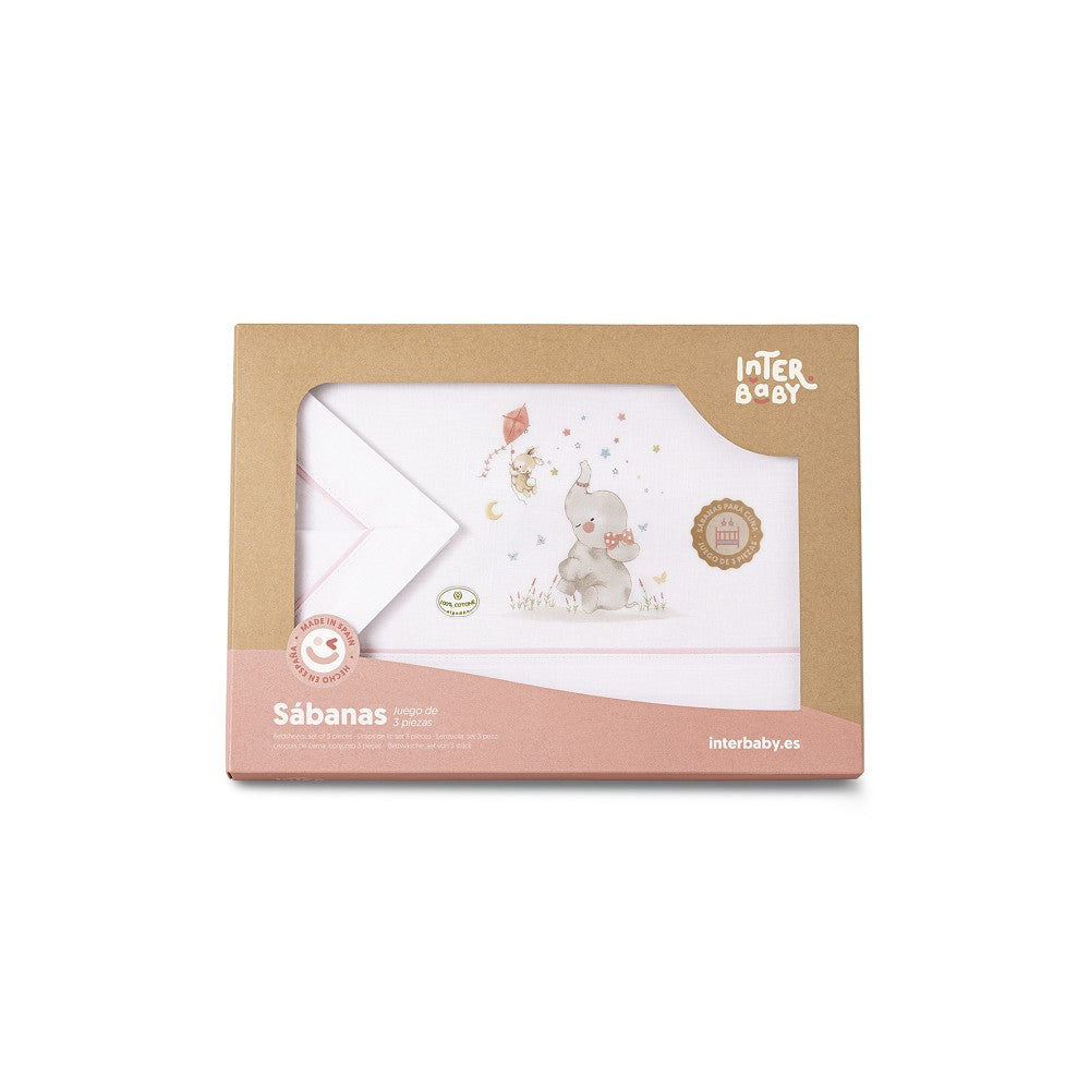 3-teiliges Wiegen-Bettwäsche-Set Elefant (Rosa/Weiß) aus Baumwolle