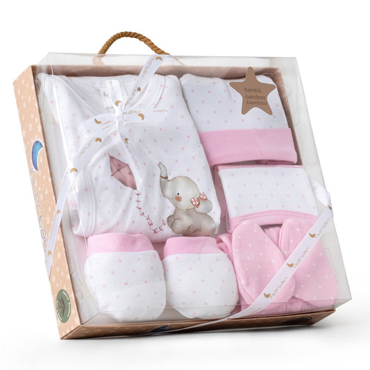 Baby Set 5-teilig für Neugeborene (0–6 Monate) – Baumwolle – Elefante – Rosa