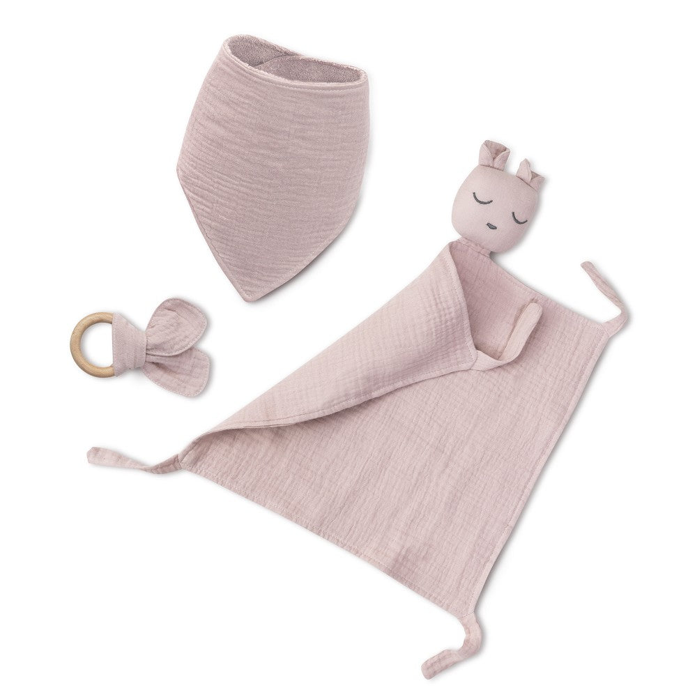 Baby Geschenkset aus Natural Bamboo – Doudou, Bandana & Beißring – Dunkelrosa