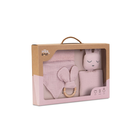 Baby Geschenkset aus Natural Bamboo – Doudou, Bandana & Beißring – Dunkelrosa
