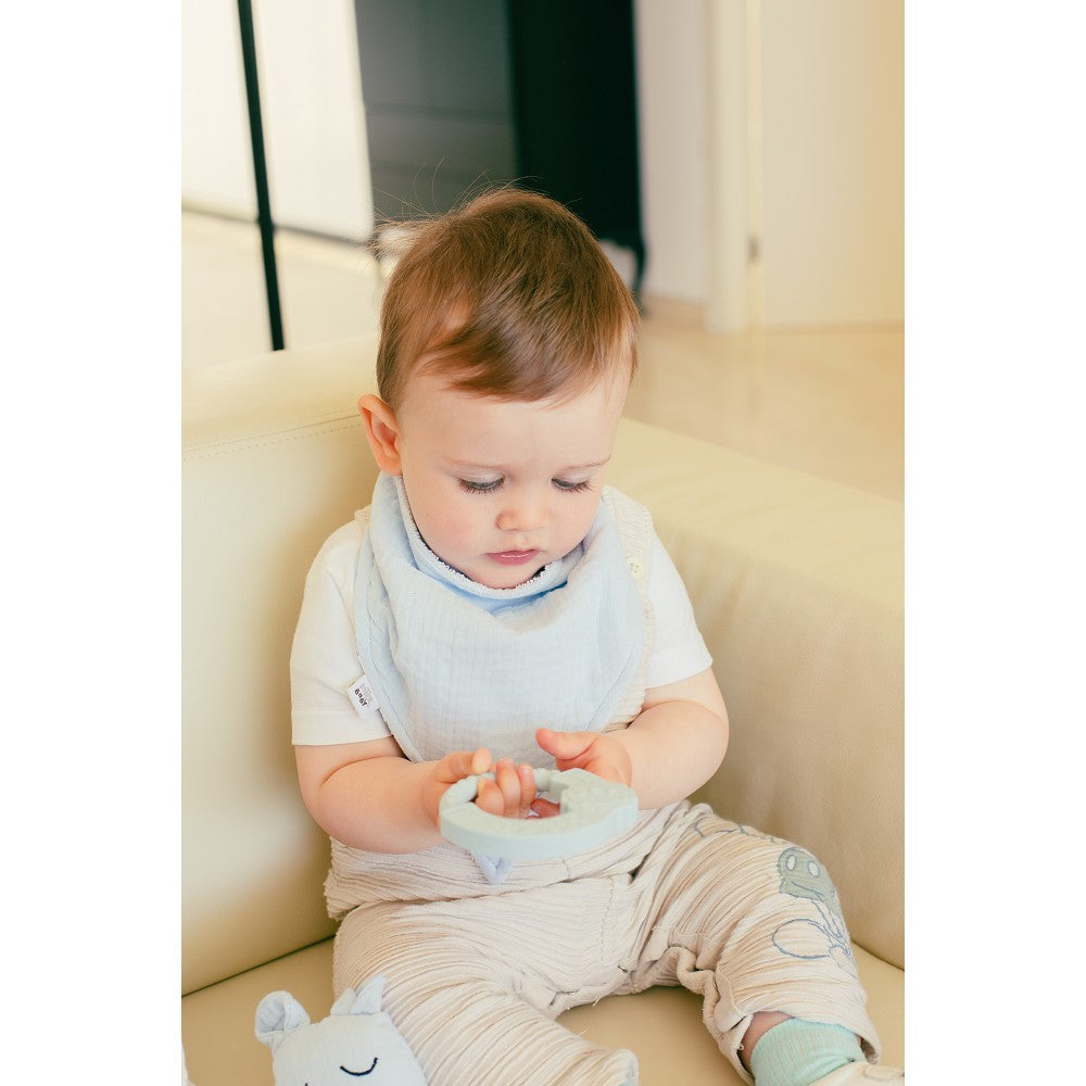 Geschenkset Baby – Doudou, Bandana & Beißring – Blau/Grau