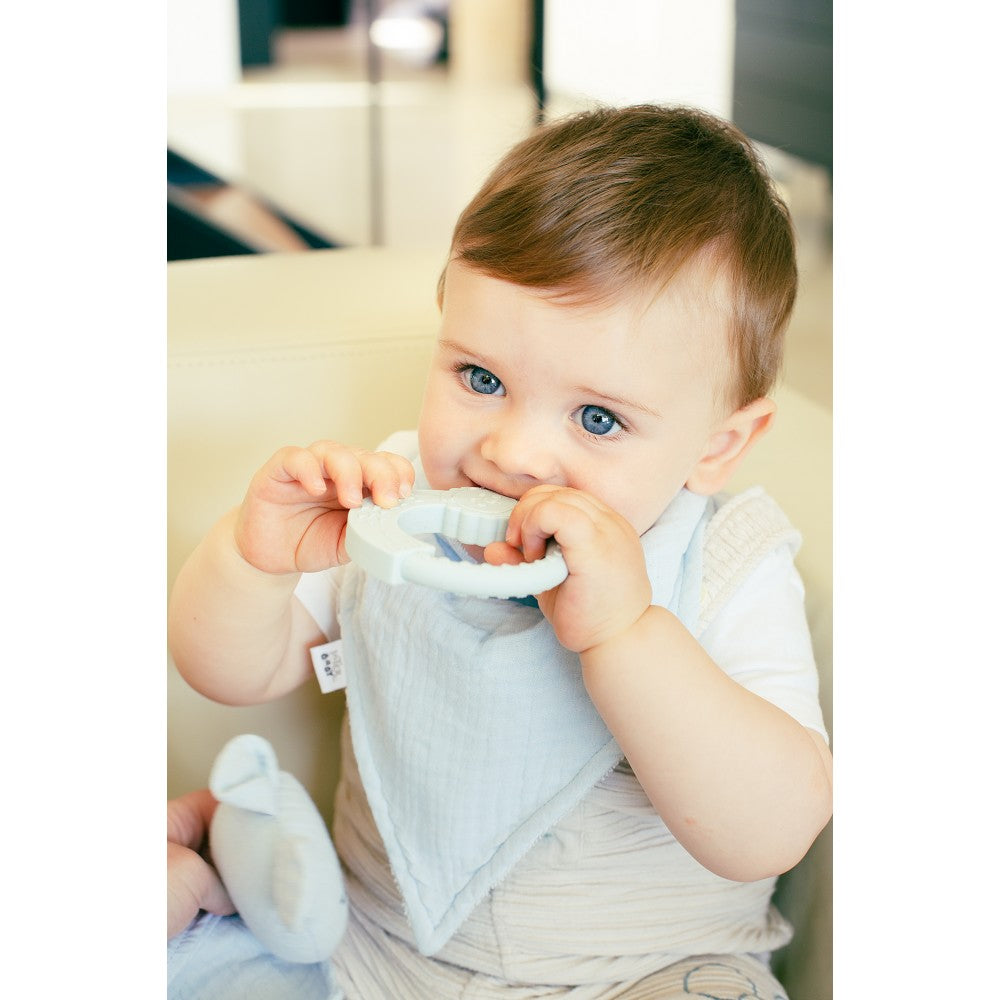 Geschenkset Baby – Doudou, Bandana & Beißring – Blau/Grau