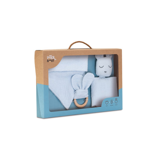 Geschenkset Baby – Doudou, Bandana & Beißring – Blau/Grau