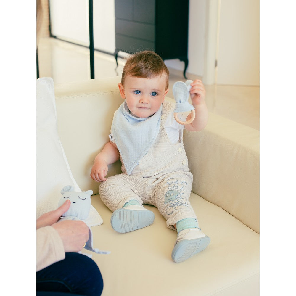 Geschenkset Baby – Doudou, Bandana & Beißring – Blau/Grau